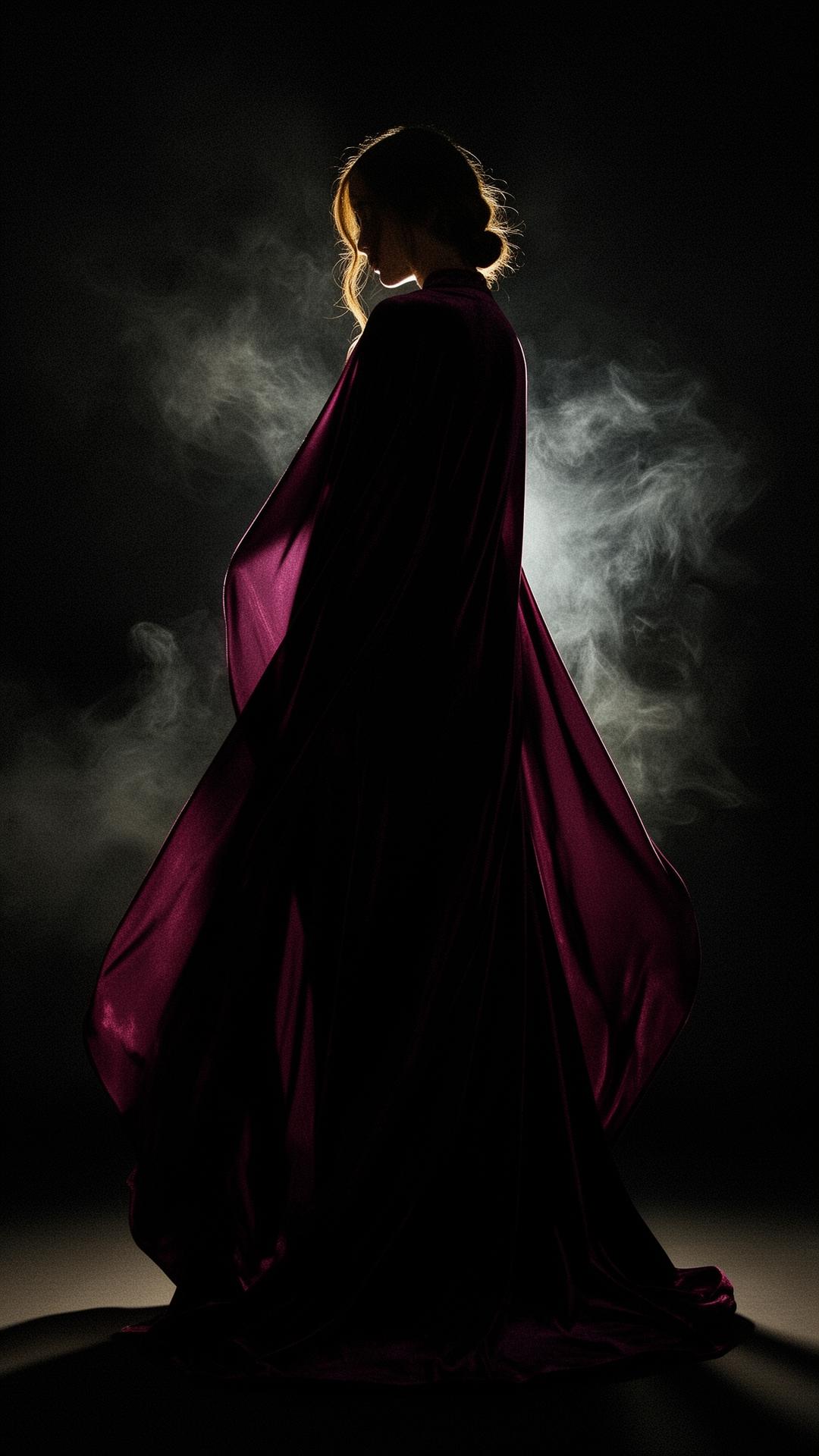 A figure draped in velvet plum, lit by champagne light